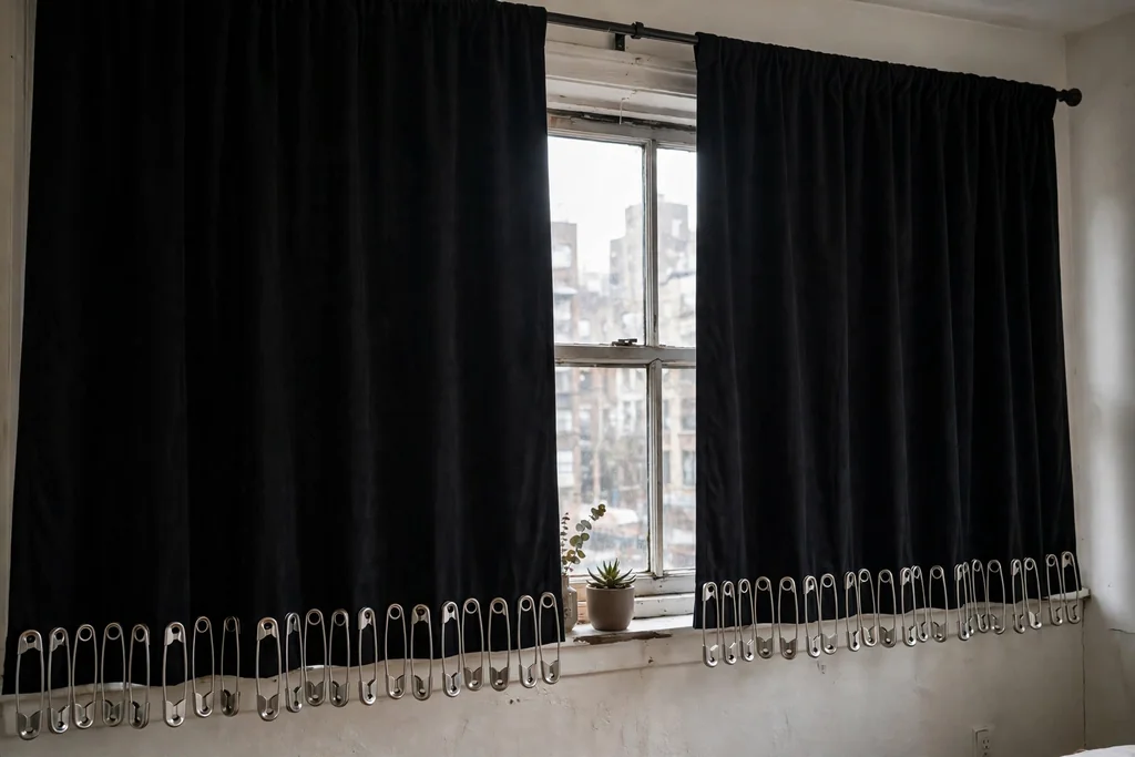 Black curtains trimmed with silver safety pins along the hem