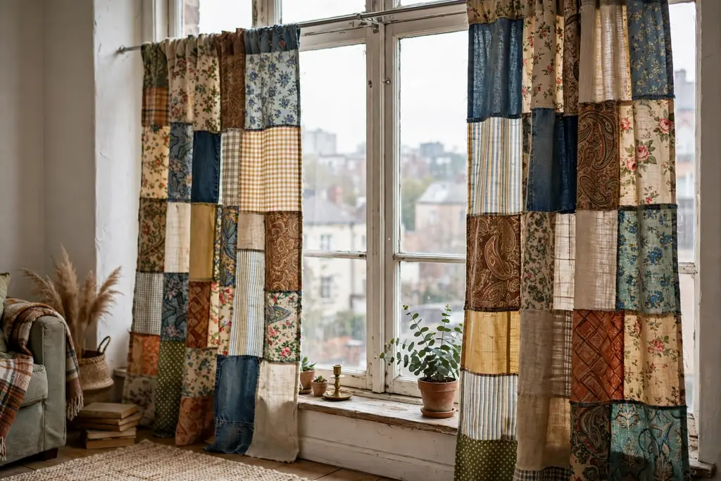Patchwork curtains made from thrifted fabric squares at a window