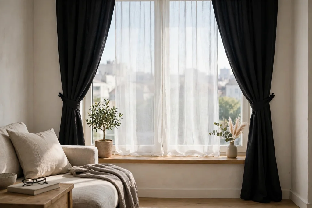 Window with a sheer panel layered behind tied-back black curtains