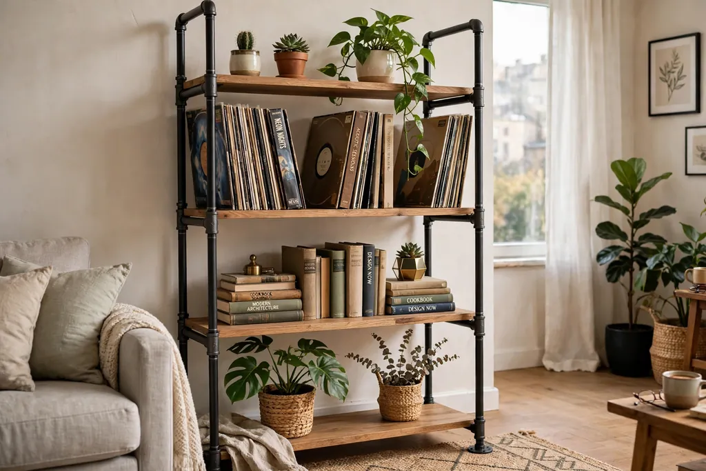 Freestanding pipe shelving unit holding records books and plants