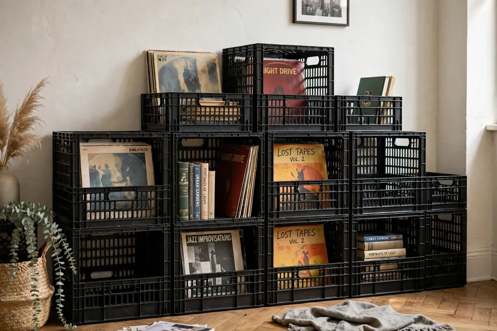 Black milk crates stacked as shelves holding records and books