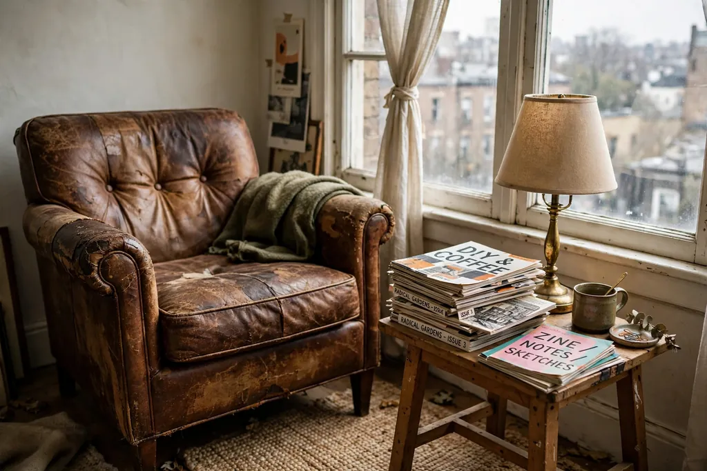 Worn leather armchair beside a window with a side table and lamp