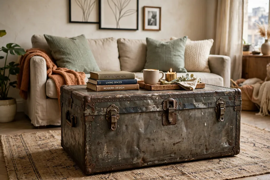 Battered metal trunk used as a coffee table in front of a sofa