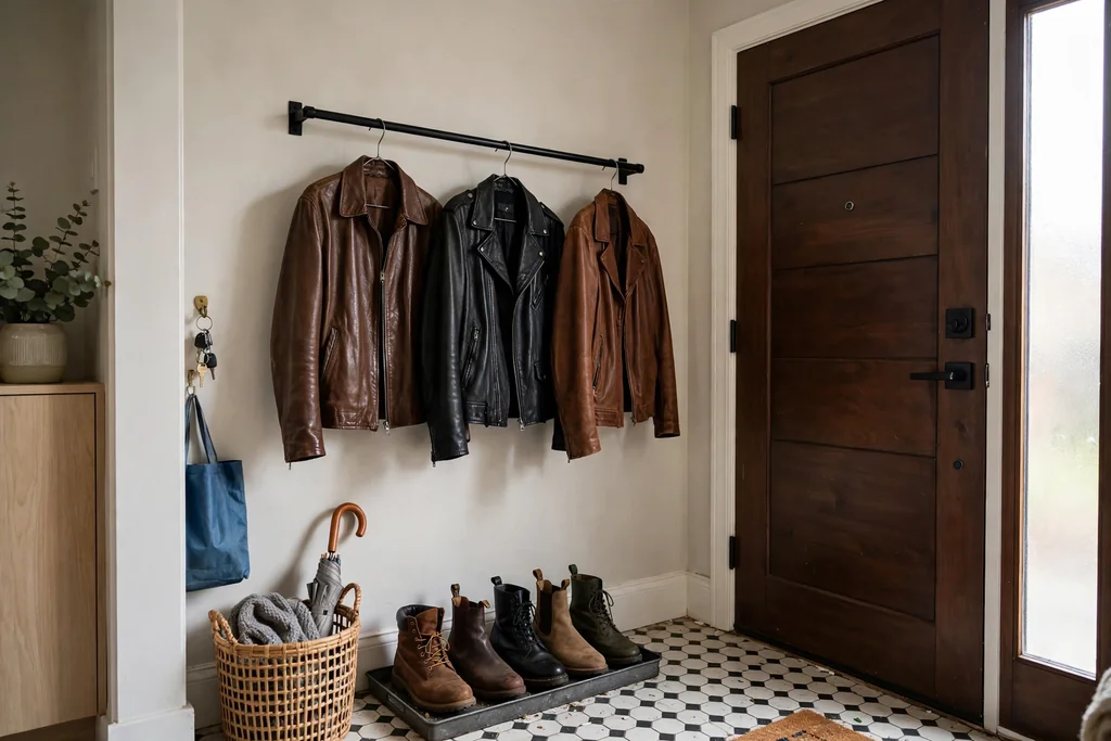 Entryway rail with leather jackets above boots on a tray