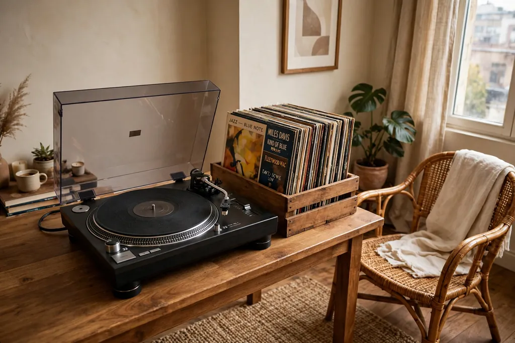 Turntable on a table with vinyl records stored beside it