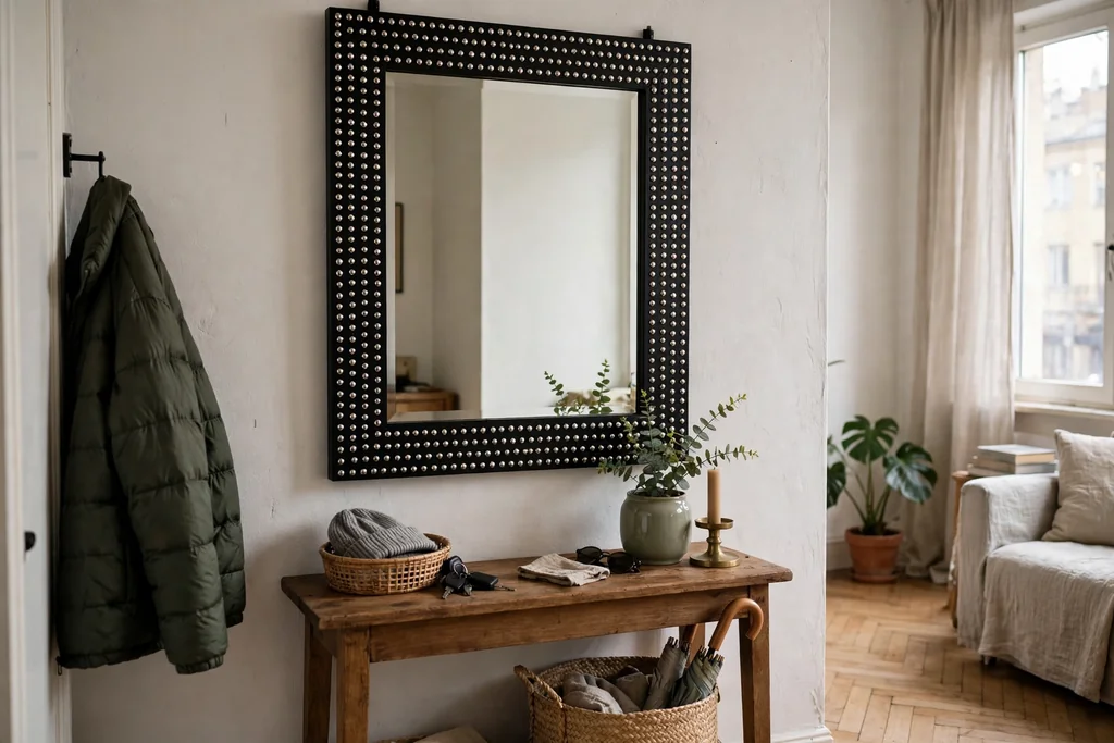 Wall mirror with a black frame covered in silver studs