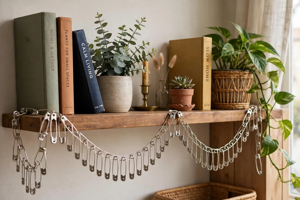 Safety-pin chain garland draped along a shelf edge