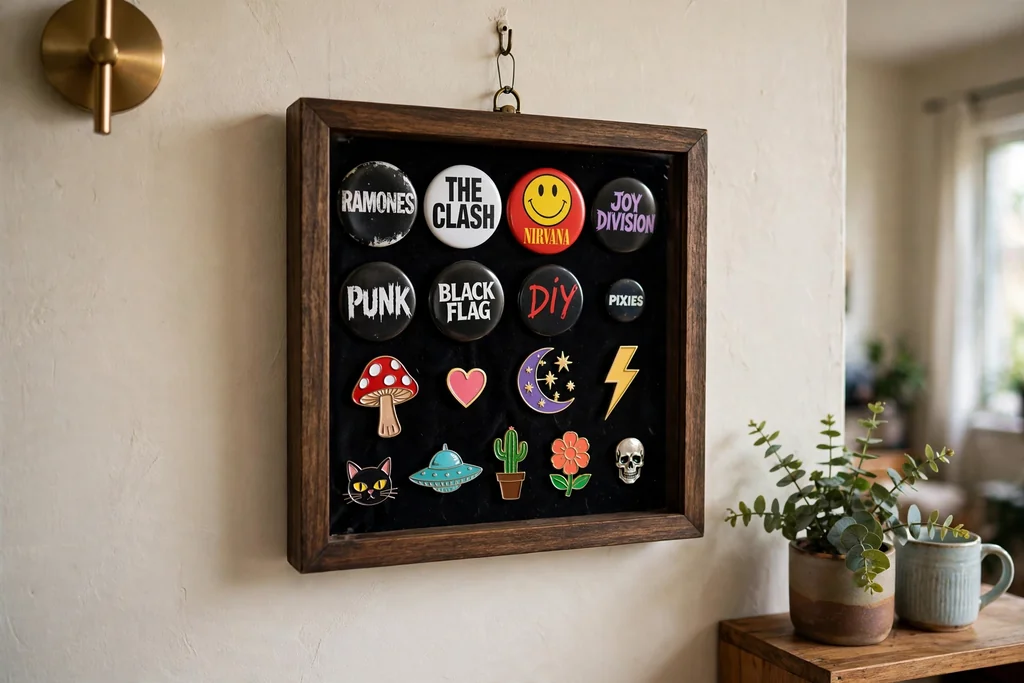 Shadow box holding band buttons and enamel pins on black fabric