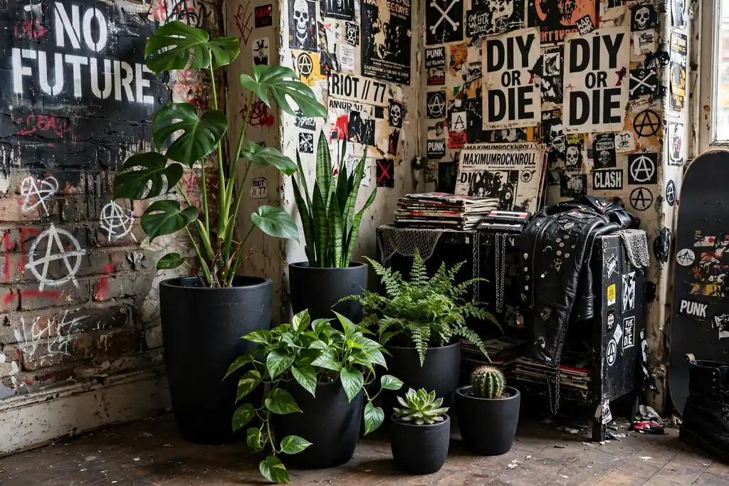 Plants in matte black pots grouped in an apartment corner