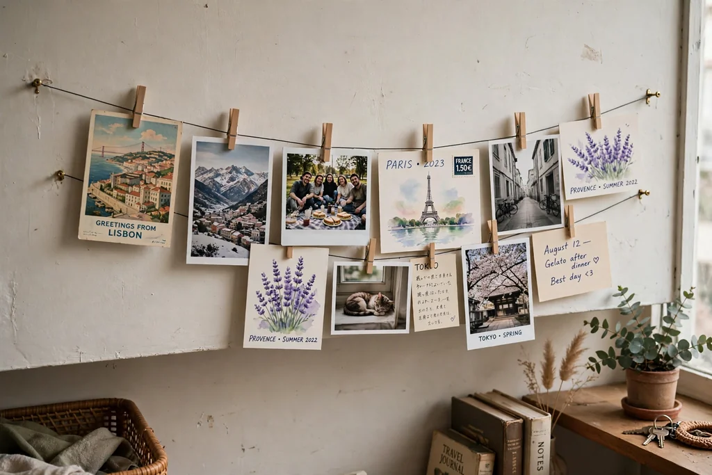 Photos and postcards clipped along a wire on an apartment wall