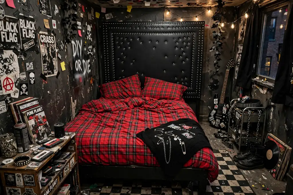 Freestanding black studded headboard panel behind a bed