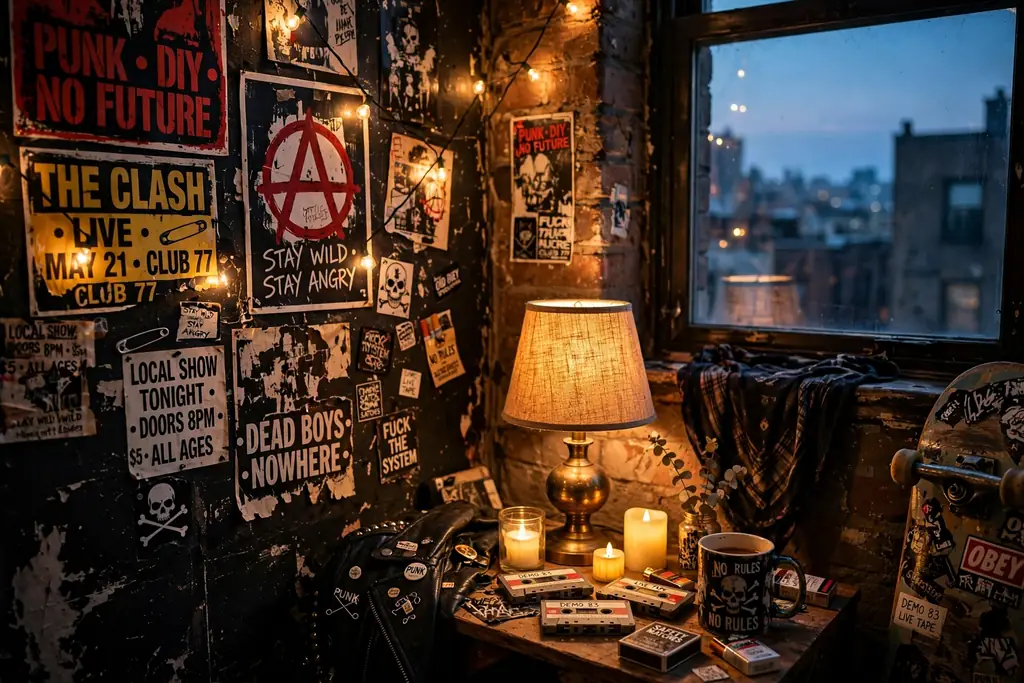 Apartment corner at dusk with warm string lights and LED candles
