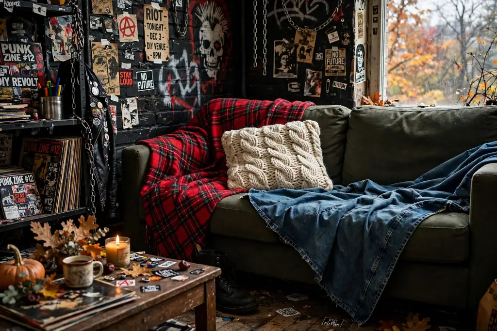 Sofa dressed with a plaid throw and chunky knit cushion for autumn