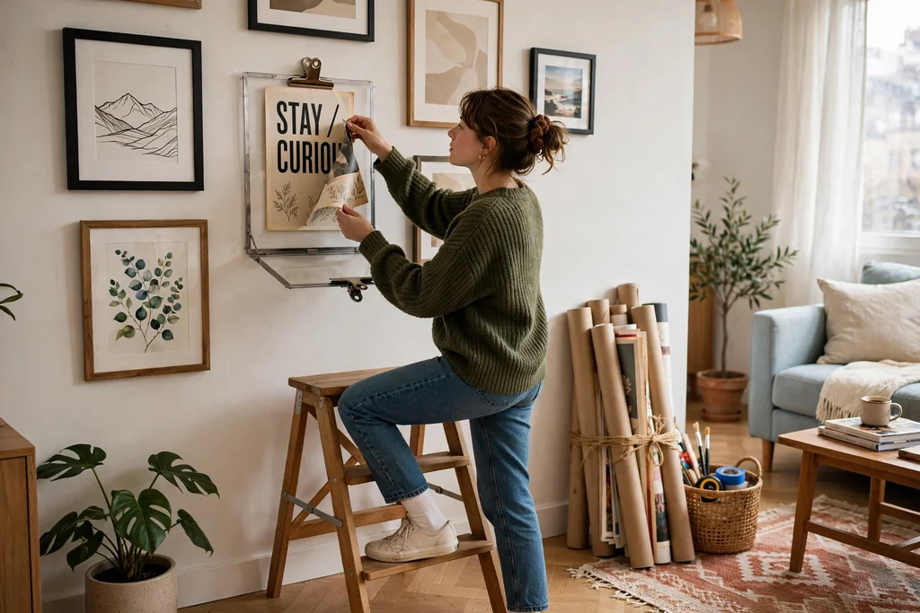Poster being swapped inside a clip frame on a gallery wall