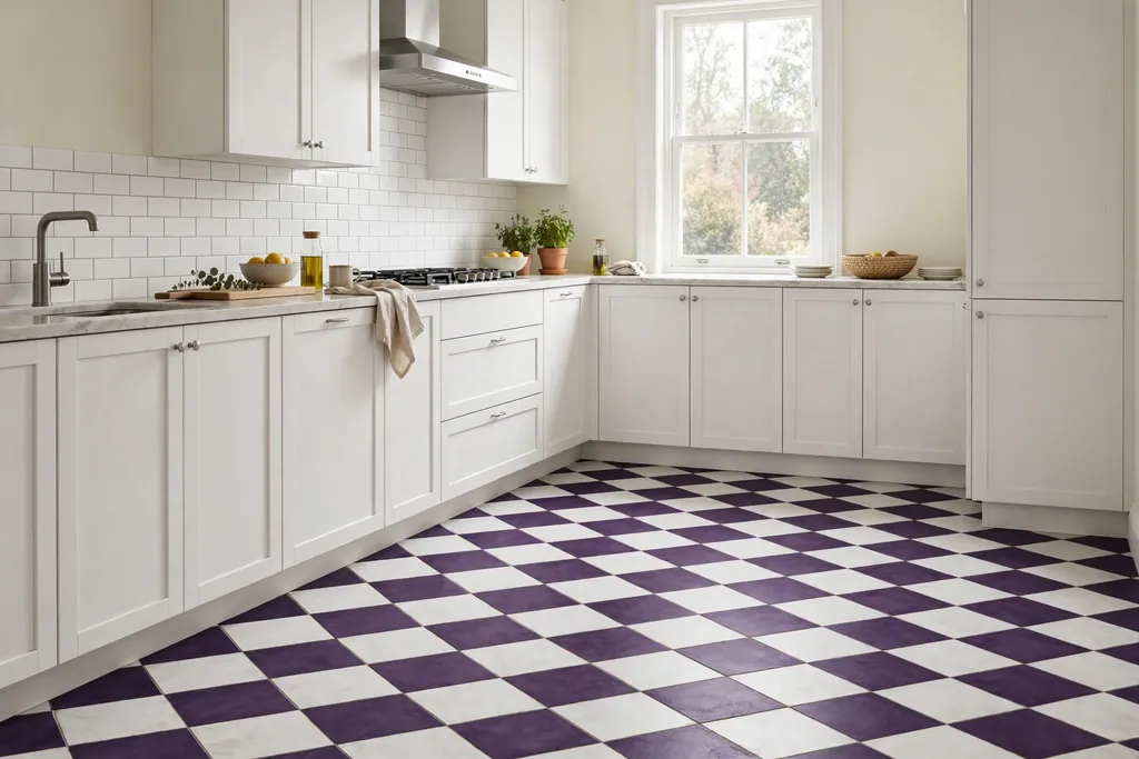 Kitchen with a purple and white checkerboard tile floor and plain cabinets.