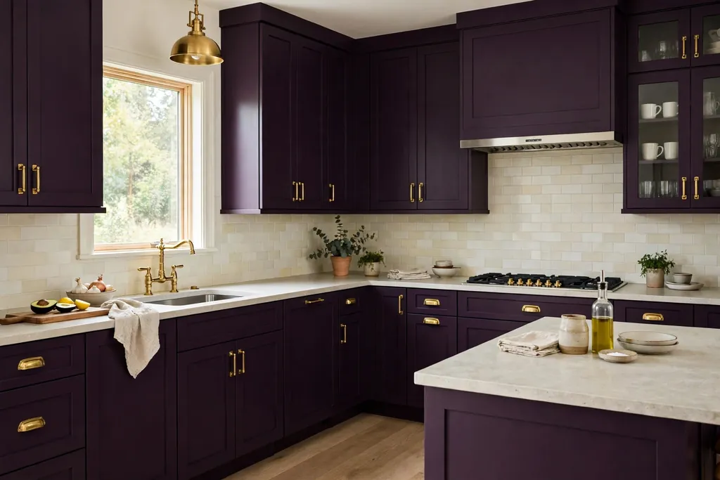 Kitchen with deep eggplant cabinets