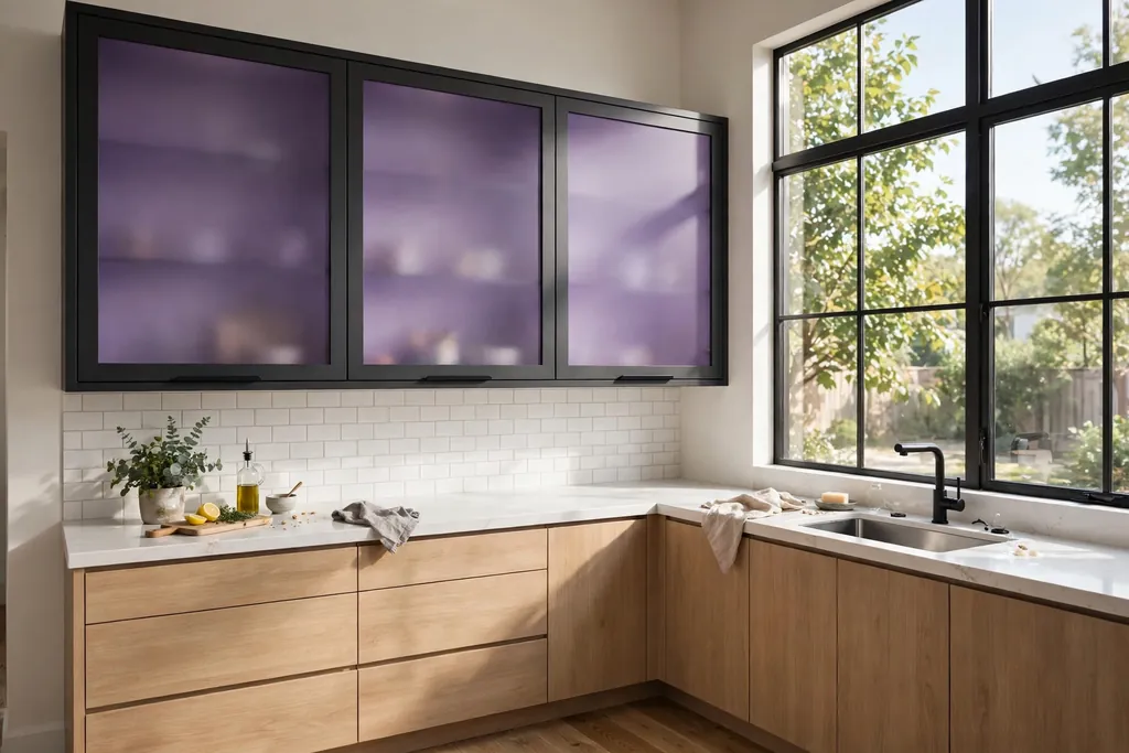 Kitchen upper cabinets with frosted purple glass doors beside a window.