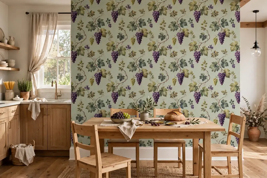 Kitchen dining wall with grape patterned wallpaper and a plain table.