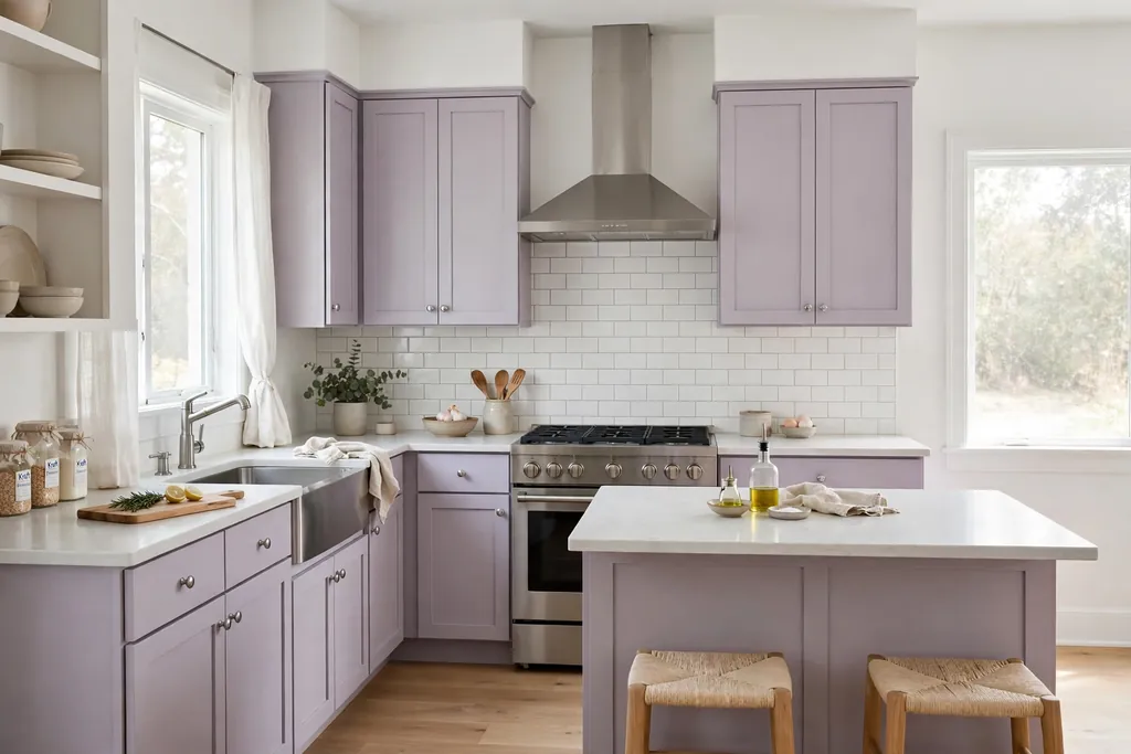 Kitchen with soft lavender cabinets