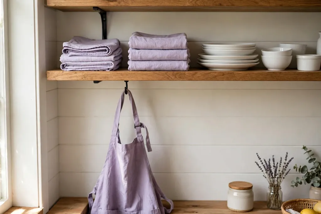 Kitchen shelf with folded lavender dish towels and a hanging apron.