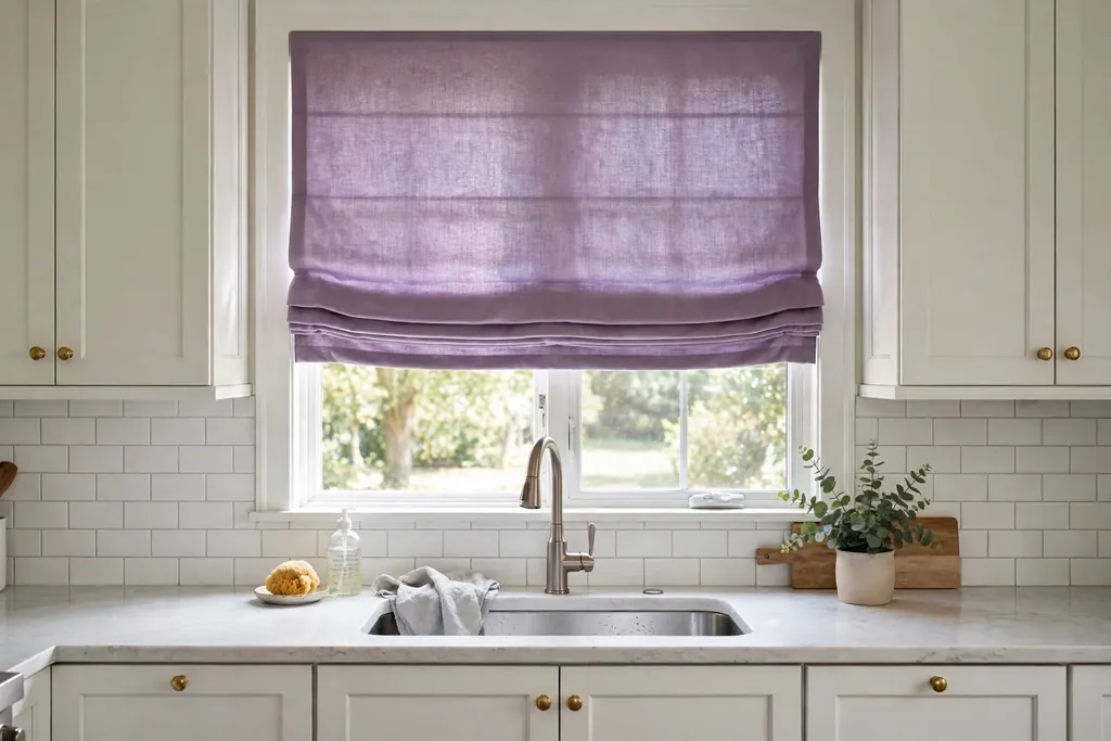 Kitchen window with lilac Roman shades above a sink.