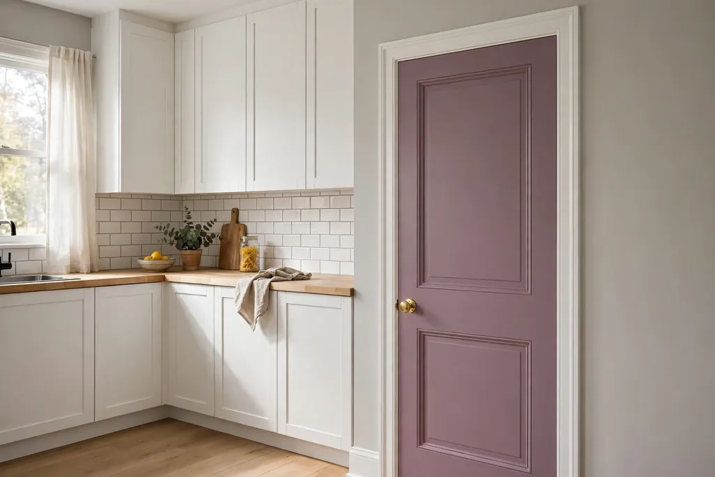 Kitchen with a mauve painted pantry door and plain surrounding walls.