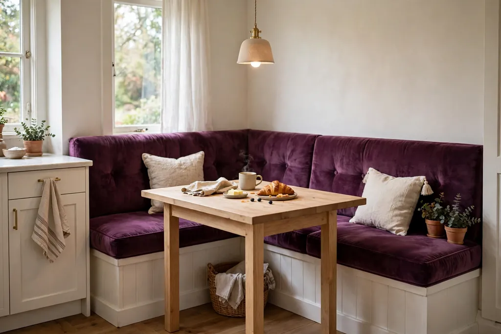 Kitchen breakfast nook with a plum upholstered banquette and a plain wood table.