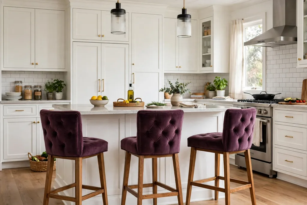 Kitchen island with plum bar stools with wood legs.