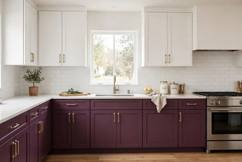Kitchen with plum lower cabinets