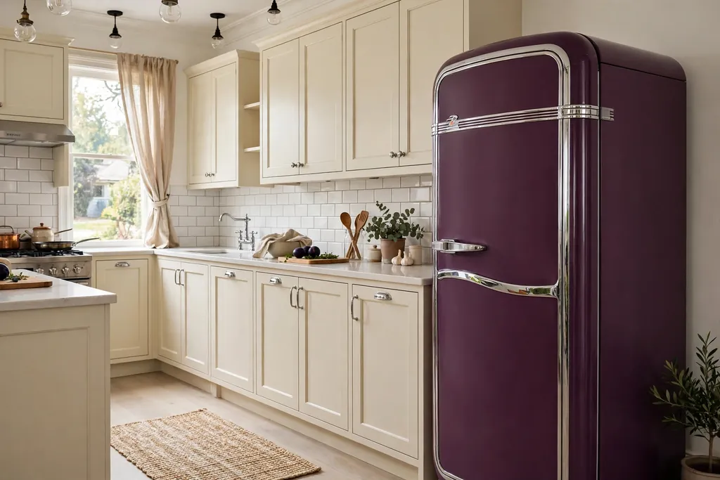 Kitchen with a plum retro refrigerator