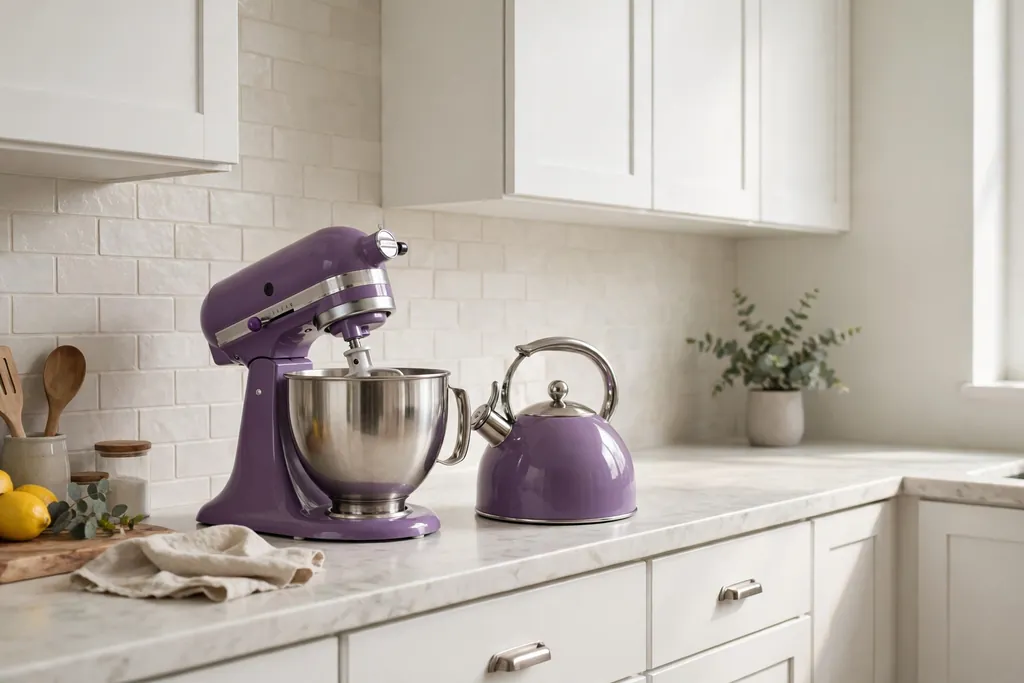 Kitchen counter with a purple stand mixer and kettle beside white cabinets.