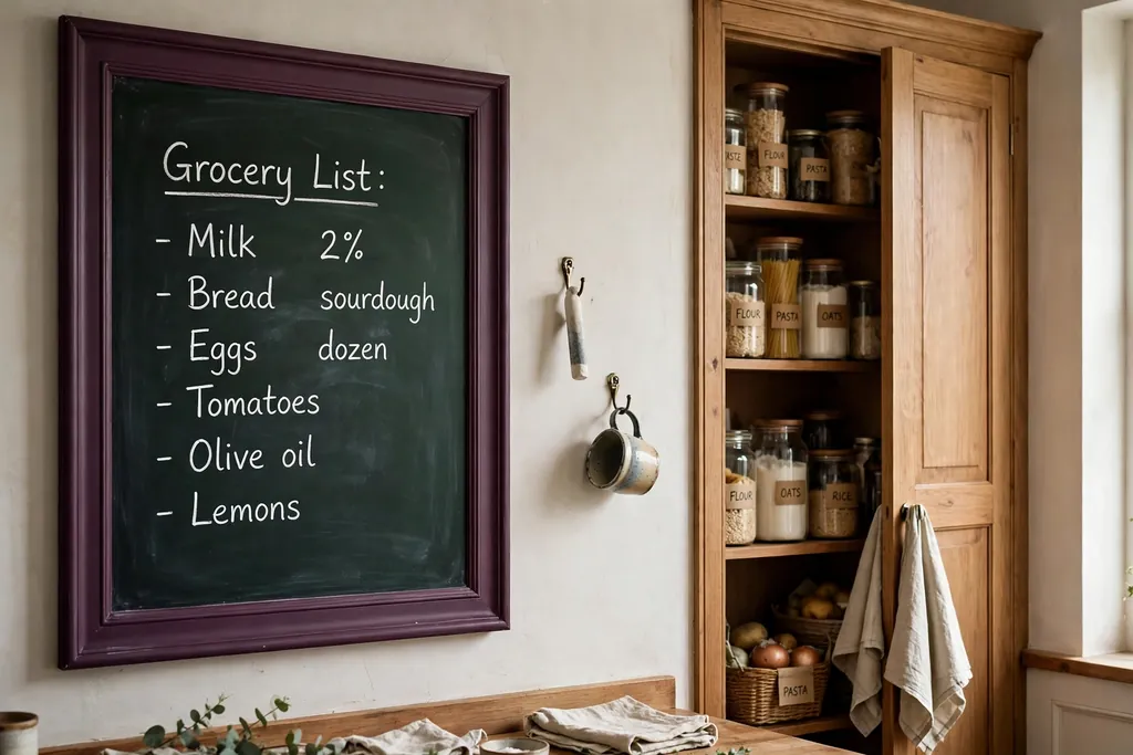 Kitchen wall with a chalkboard in a deep plum frame beside a pantry.