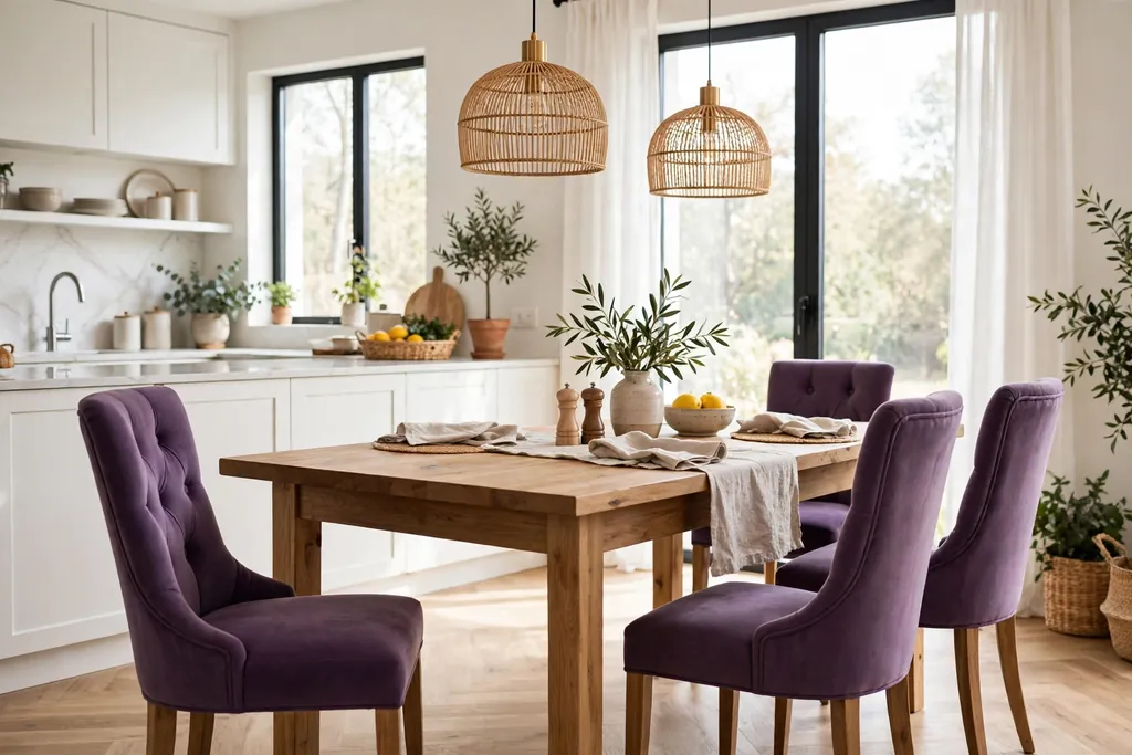 Kitchen table with purple dining chairs and a plain wood tabletop.