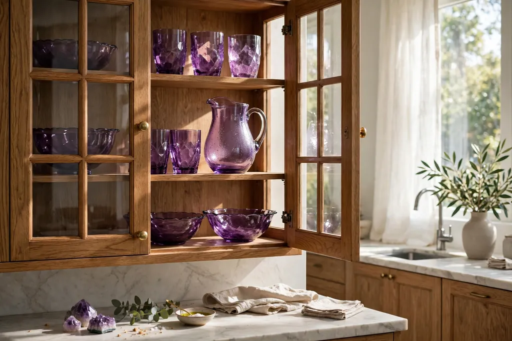 Glass cabinet with purple tumblers