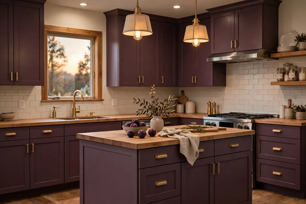 Kitchen with plum cabinets