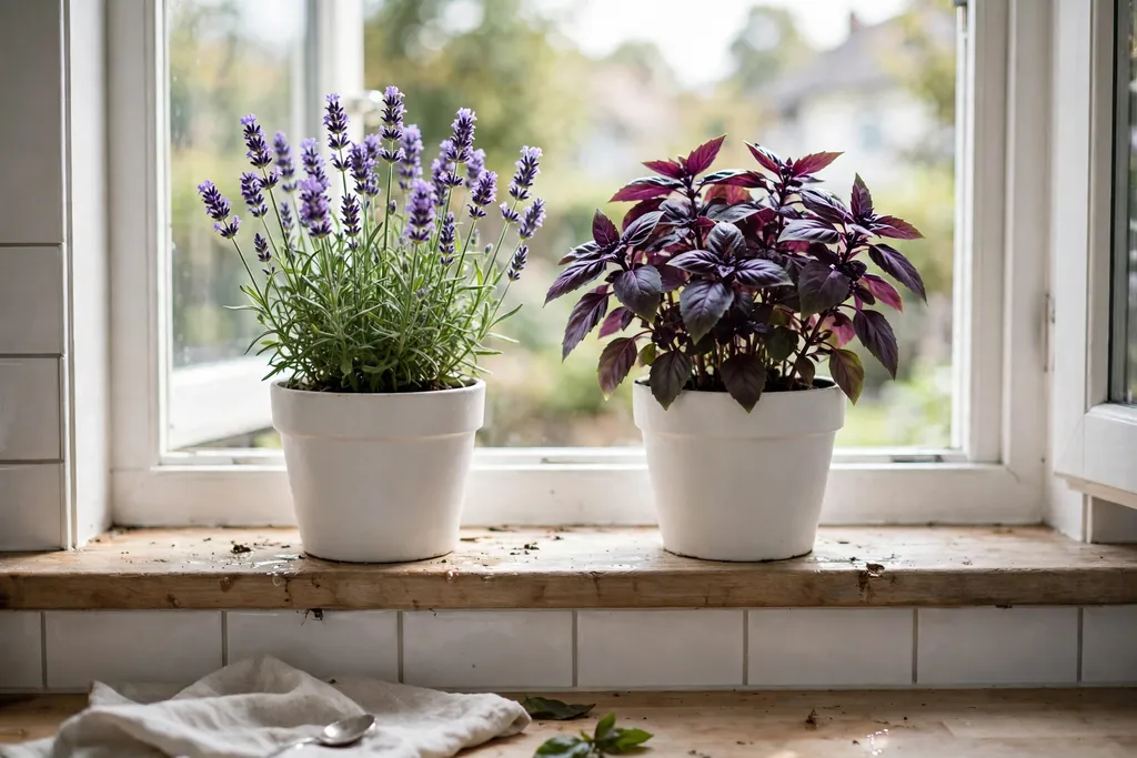 Kitchen windowsill with pots of lavender and purple basil in plain pots.