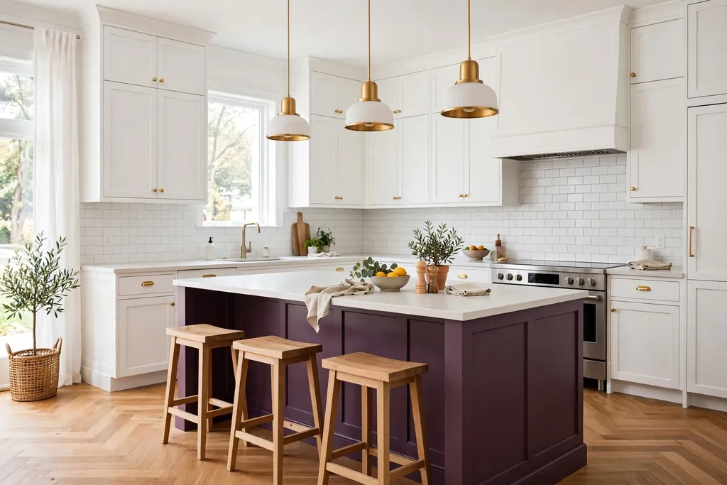 White kitchen with a plum painted island
