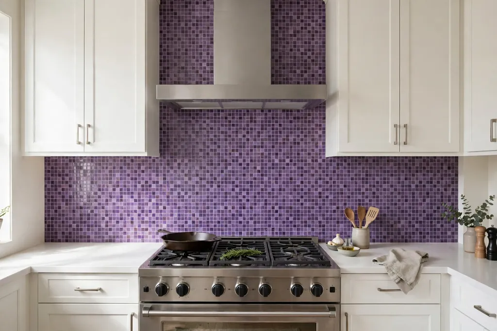 Stove wall with a purple mosaic tile surround and a plain range hood.
