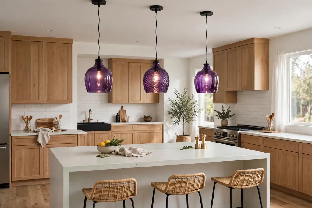 Kitchen island with three purple pendant lights above a pale counter.