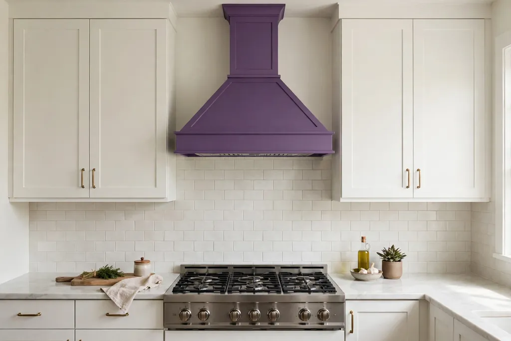 Kitchen stove wall with a purple painted range hood and plain cabinets.