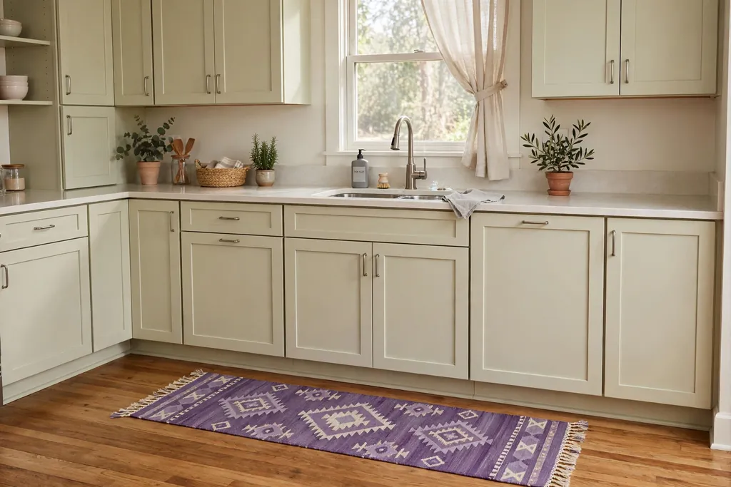 Kitchen with a purple washable runner by the sink and pale cabinets.