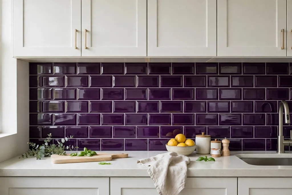 Kitchen backsplash of glossy purple subway tiles above a pale counter.