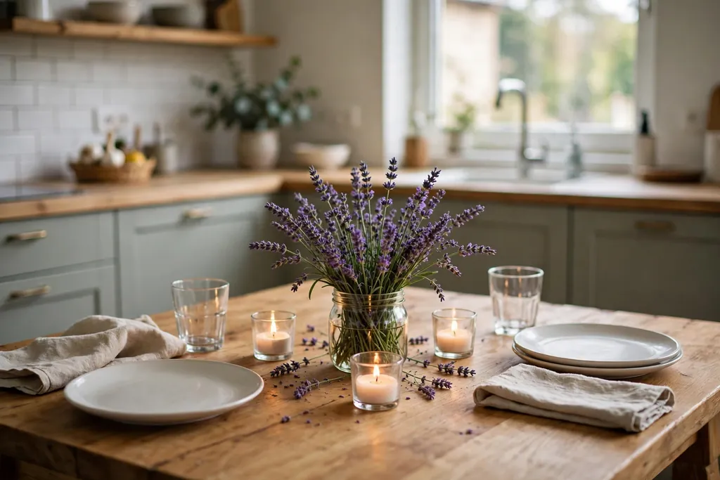Kitchen table with a low purple centerpiece of lavender and candles.