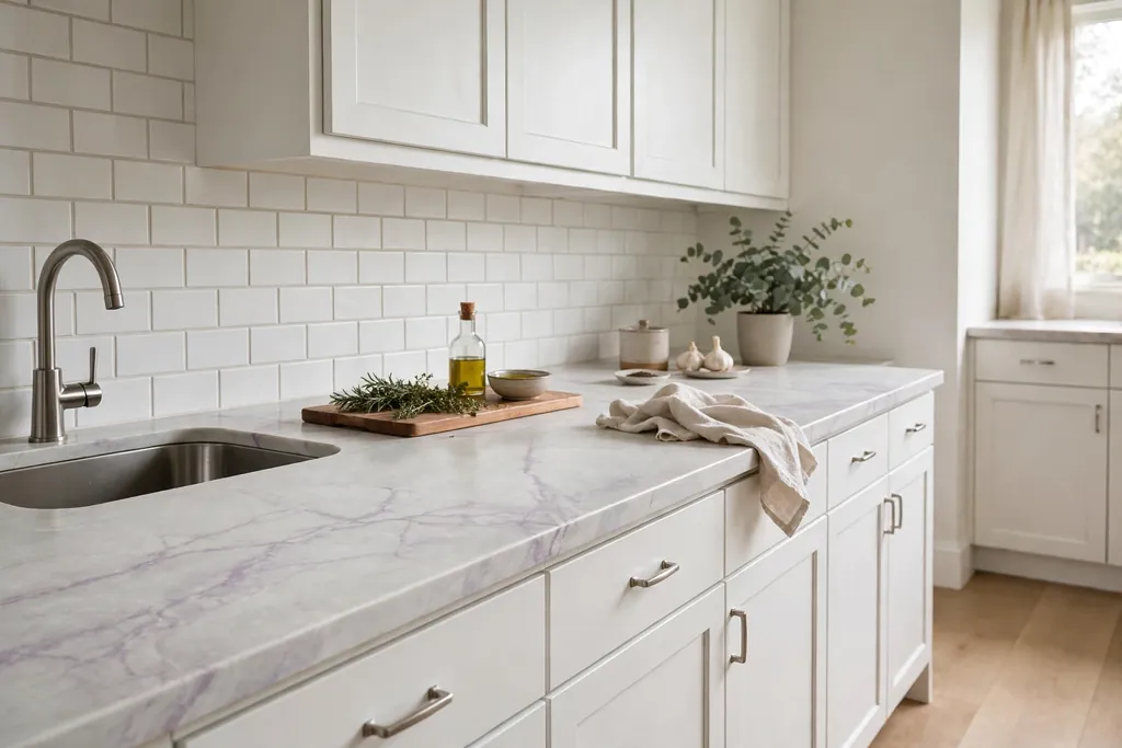 Kitchen counter with soft purple veining on a pale stone surface.