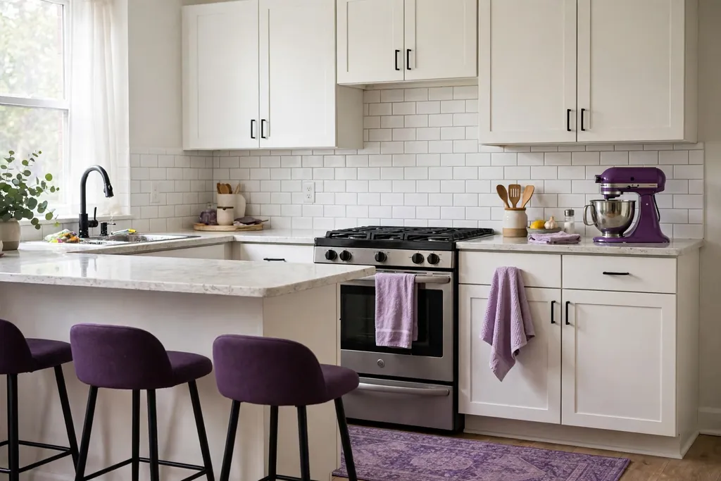 Rental kitchen with purple rug