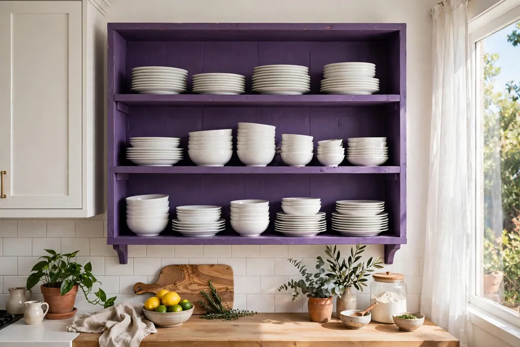 Violet open shelves holding white plates and bowls in a bright kitchen.