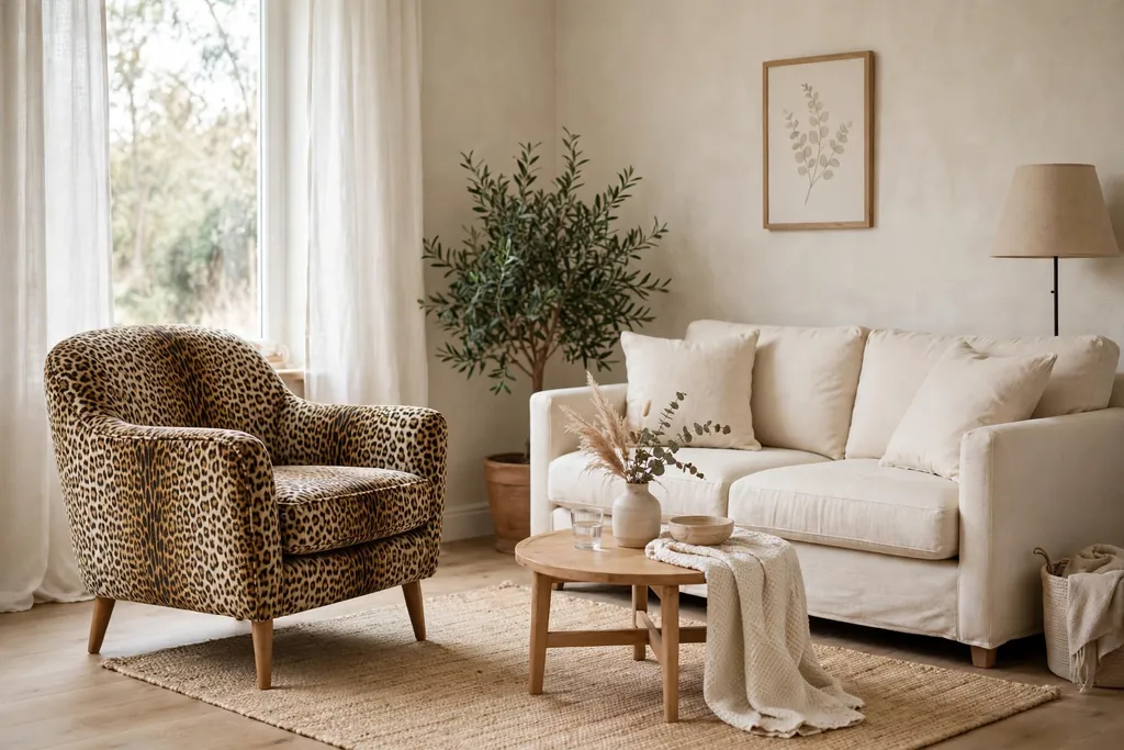 Leopard print accent chair angled beside a plain cream sofa.
