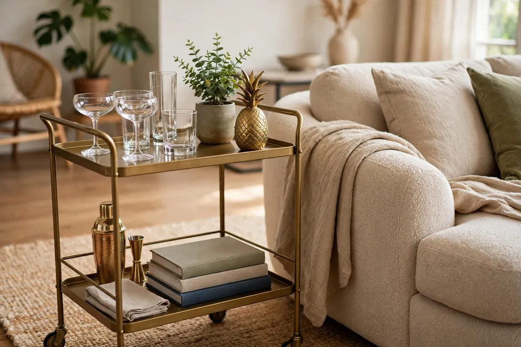 Bar cart styled with glasses, books, a plant, and a brass pineapple beside a sofa.