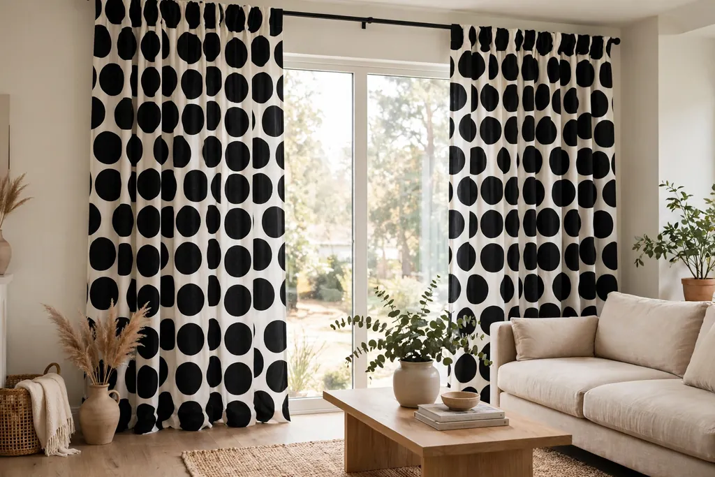 Living room window dressed with bold polka dot curtains falling to the floor.