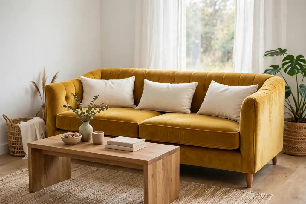 Mustard velvet sofa with plain cream cushions in a calm living room.